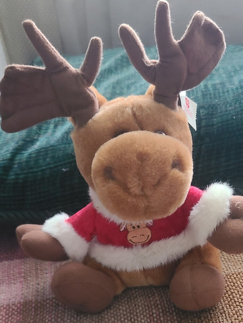 Vintage Plush Holiday Animated/Musical Moose Toy - Brown with Red Santa Sweater